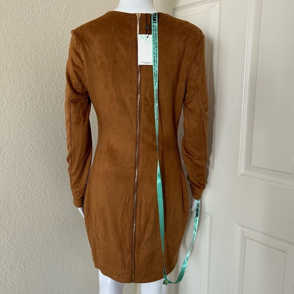 Mistress Rocks Long Sleeve Round Neck Tan Vegan Suede Asymmetric mini Dress - L - Picture 2 of 8
